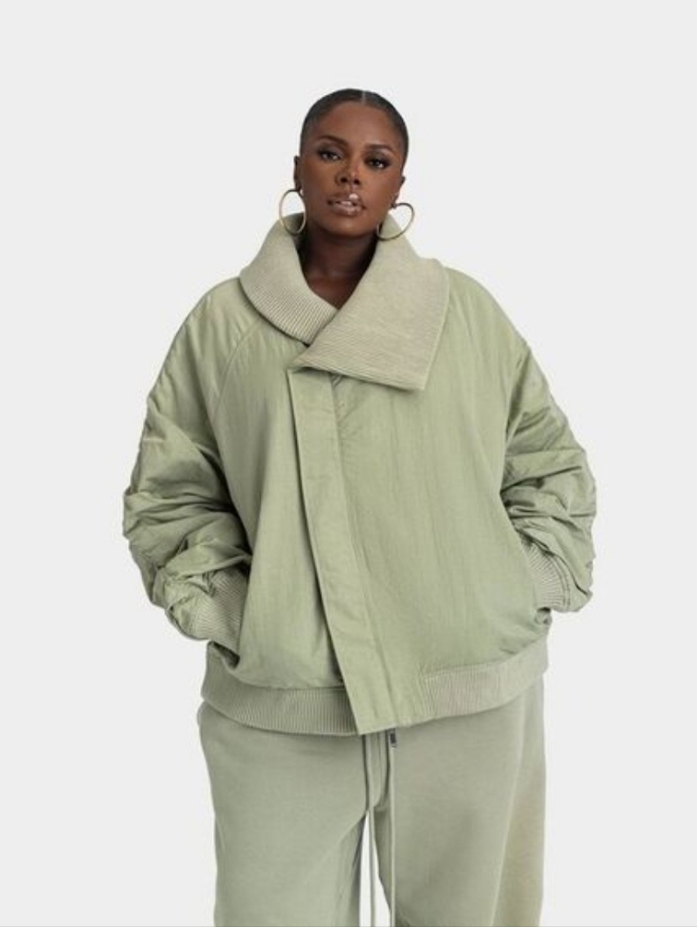 KBB Oversized Sage Green Jacket with Funnel Collar